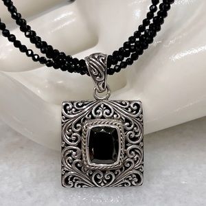 Silver Shungite Square Filigree Pendant Thai Black Spinel Triple Strand …